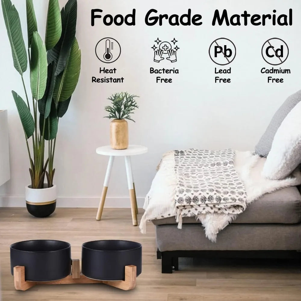 Ceramic Dog Cat Bowls Set with Stand,Black Pet Food and Water Bowl,Small Dog Bowls Cute Modern Anti Slip Set of 2 Pet Feeder Sm