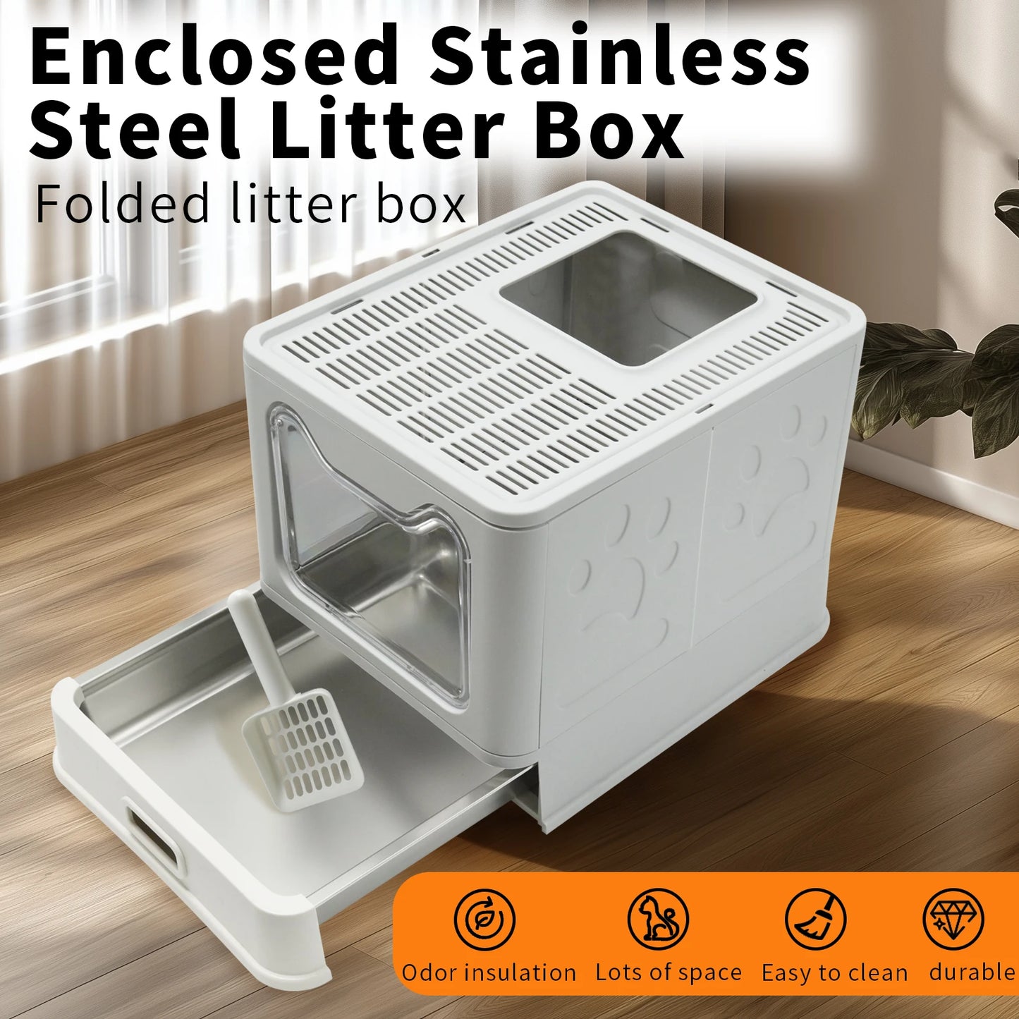 Bingopaw Stainless Steel Cat Litter Box with Lid Front Entry and Top Exit Toilet Box with Litter Scoop for Kittens,Easy Cleaning
