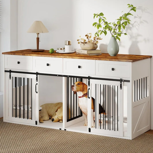 71" Double Dog Crate Furniture, Large Wooden Dog Kennel Furniture with 2 Drawers, Divider and Sliding Door, Indoor Dog House TV