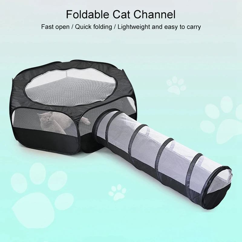 Cat Tunnel Cage House 2 in 1 Interactive Foldable Outside Play Tent and Tunnel for Bunnies Kitten Rabbits Hamster Ferrets Black