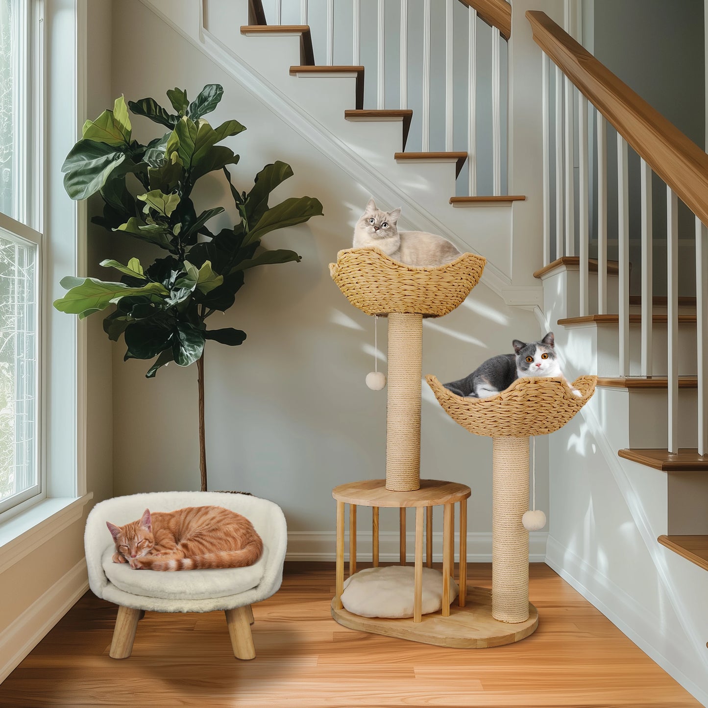 3-Tier Cat Tree Padded Plush Napping Perches Kitten Condo Sisal Rope Scratching Posts and Hanging Toy Tower for Indoor Kitties