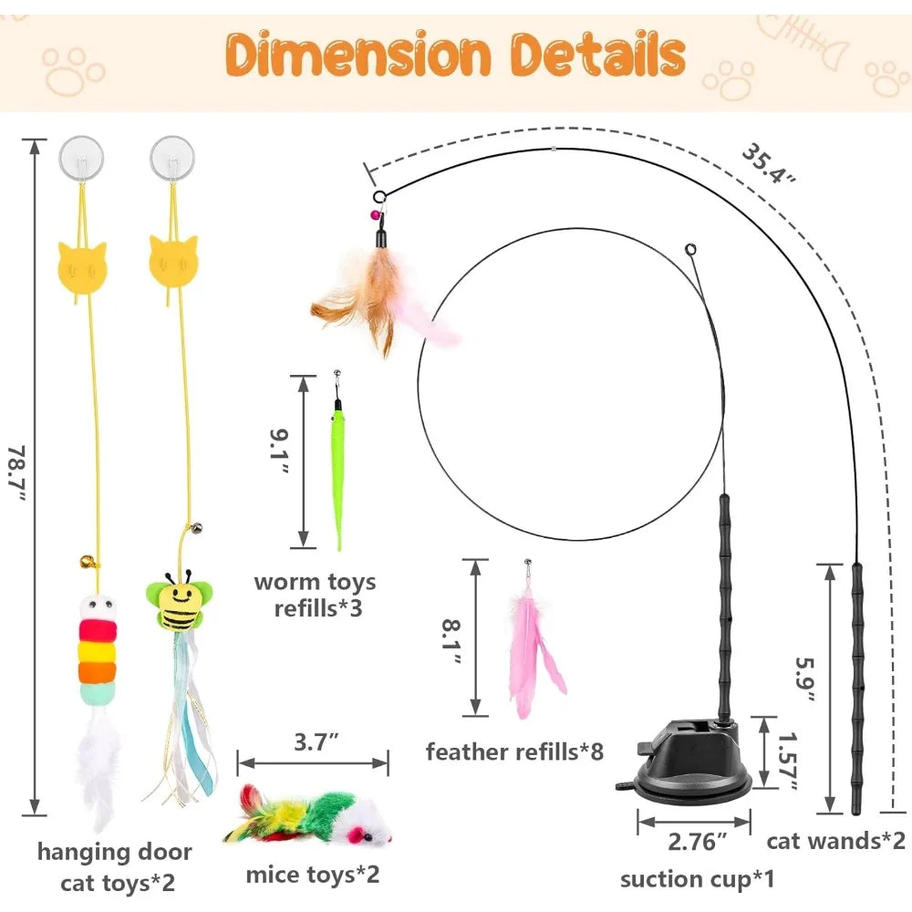 Depets Cat Wand Toy, 15 Pcs Interactive Cat Feather Toys for Indoor Self Play & Exercise, 2 Play Modes Kitten Teaser Wand, Reusa