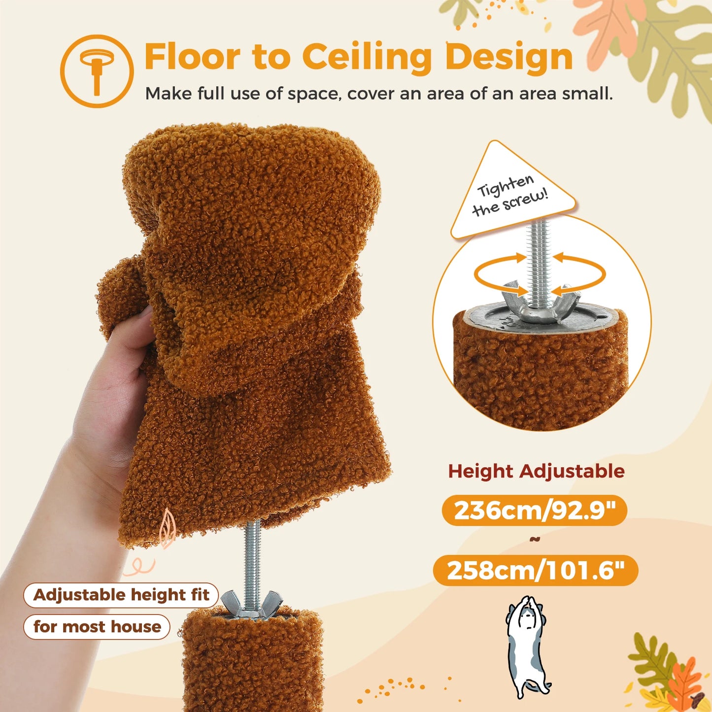Adjustable Height Tall Cat Tree with Sisal Scratching Posts Spacious Condo Large Hammock Multi-Level Cat Tower Cat Accessories